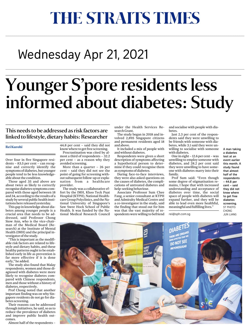 Younger S'pore residents less informed about diabetes: Study - Published in The Straits Times April 21, 2021